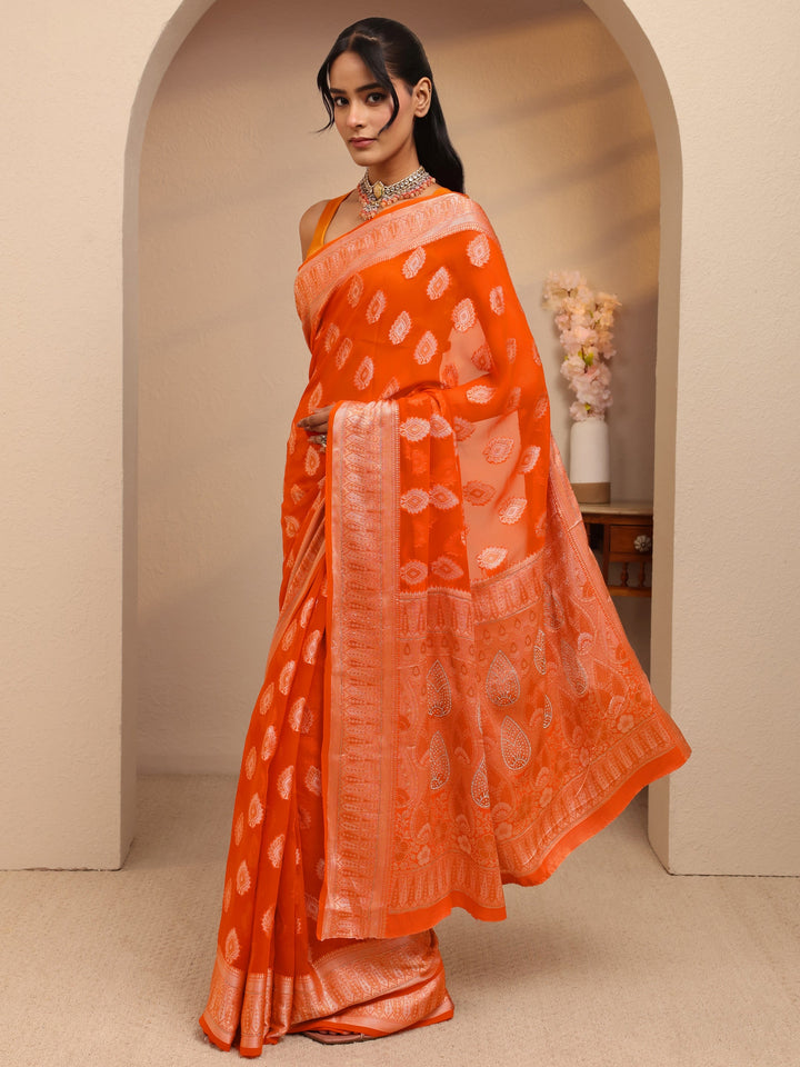 Libas Orange Woven Design Chiffon Saree