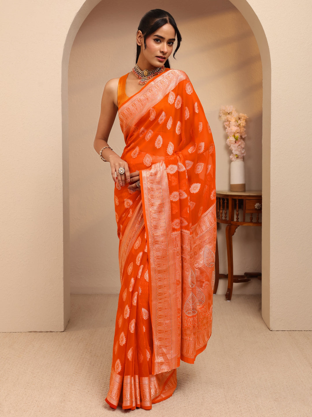 Libas Orange Woven Design Chiffon Saree