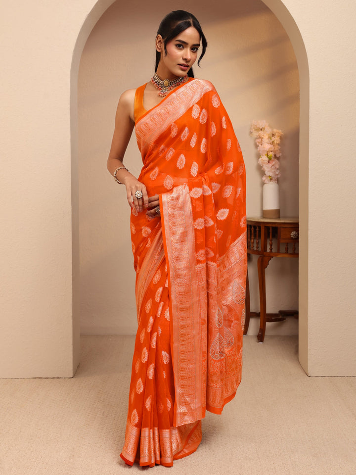 Libas Orange Woven Design Chiffon Saree