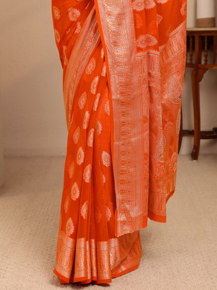 Libas Orange Woven Design Chiffon Saree
