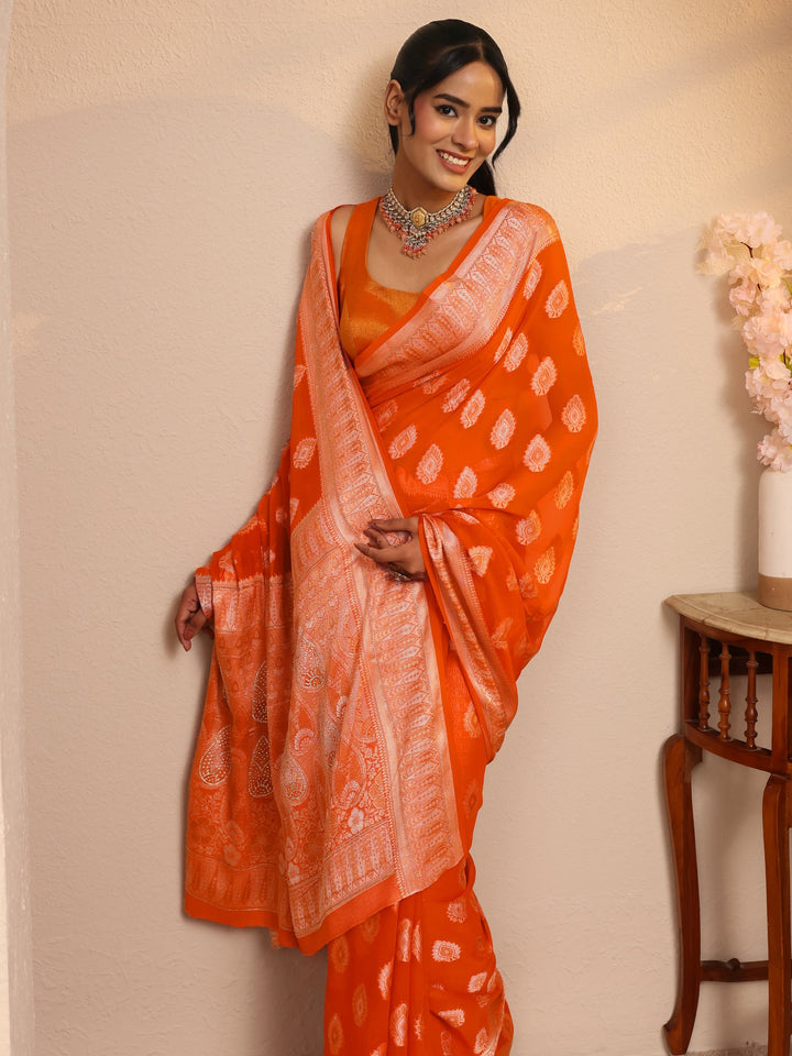 Libas Orange Woven Design Chiffon Saree