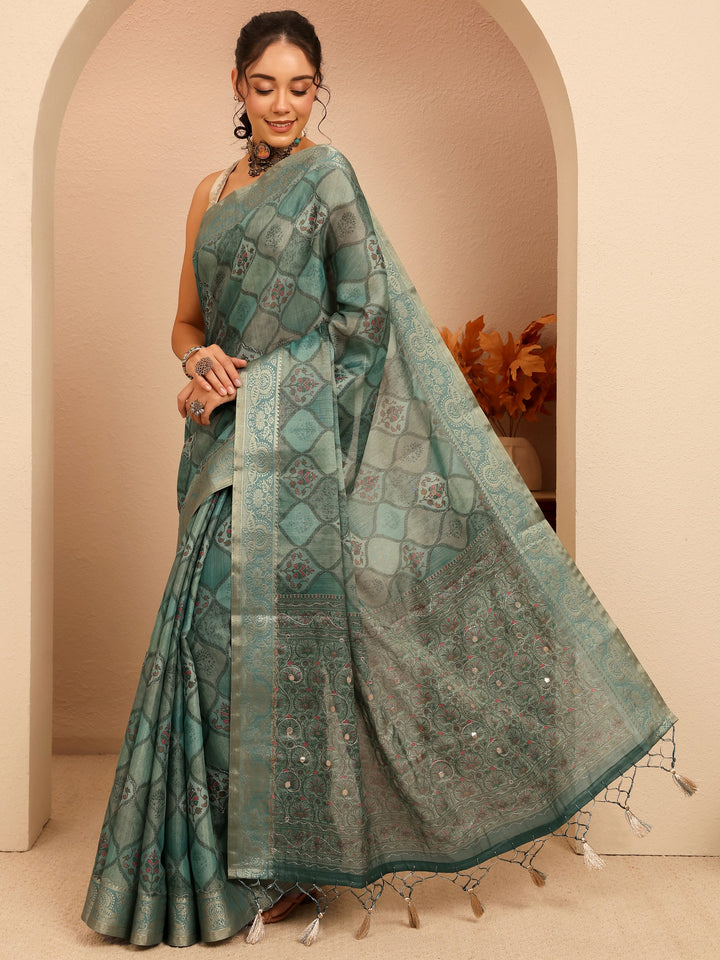 Libas Slate Blue Geometric Printed Silk Blend Saree