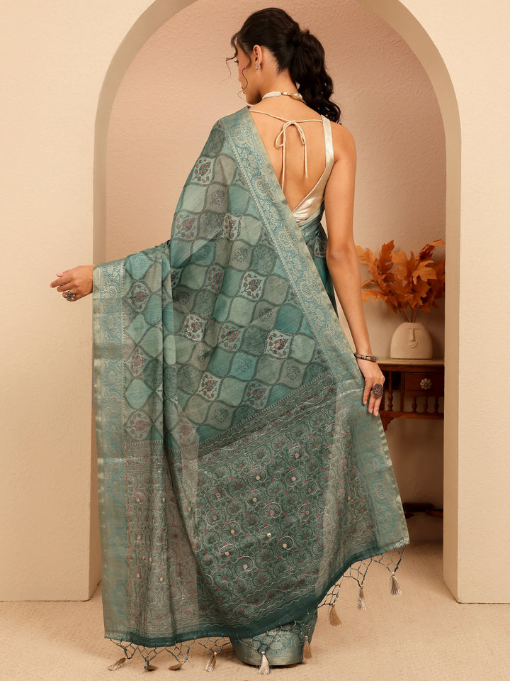 Libas Slate Blue Geometric Printed Silk Blend Saree