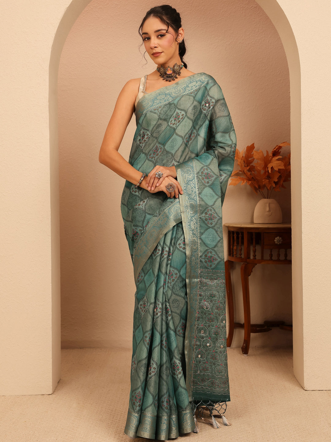 Libas Slate Blue Geometric Printed Silk Blend Saree