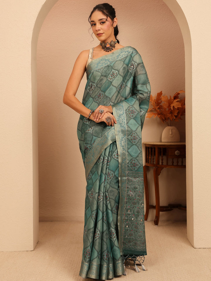 Libas Slate Blue Geometric Printed Silk Blend Saree