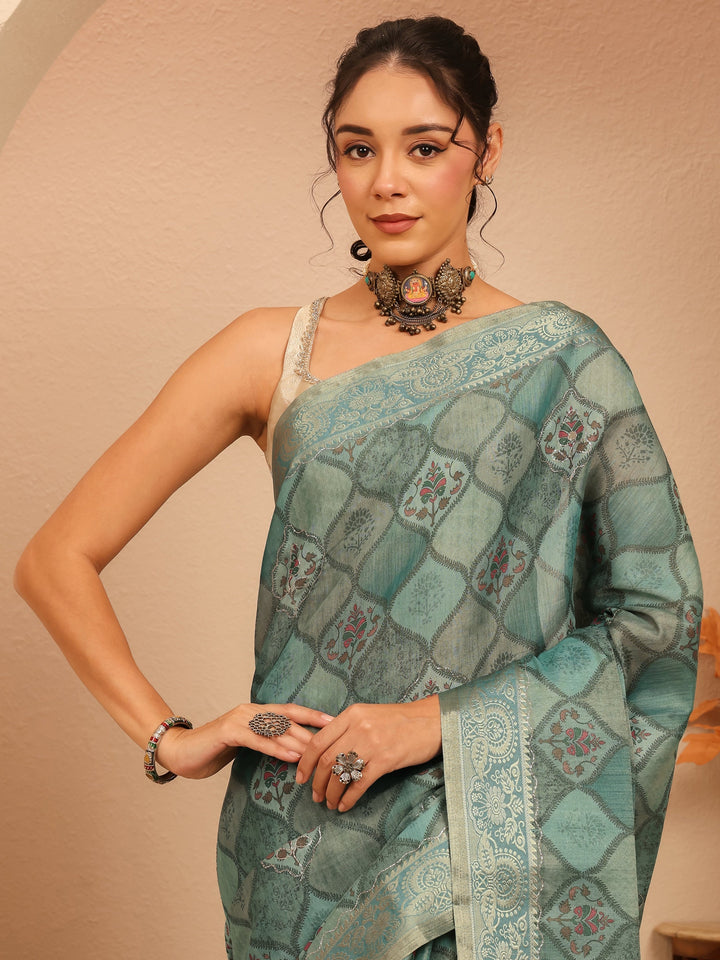 Libas Slate Blue Geometric Printed Silk Blend Saree