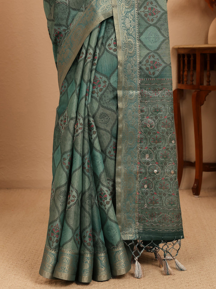 Libas Slate Blue Geometric Printed Silk Blend Saree