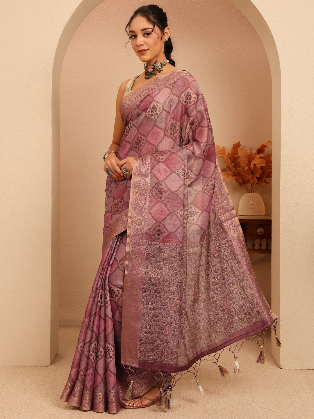 Libas Mauve Geometric Printed Silk Blend Saree