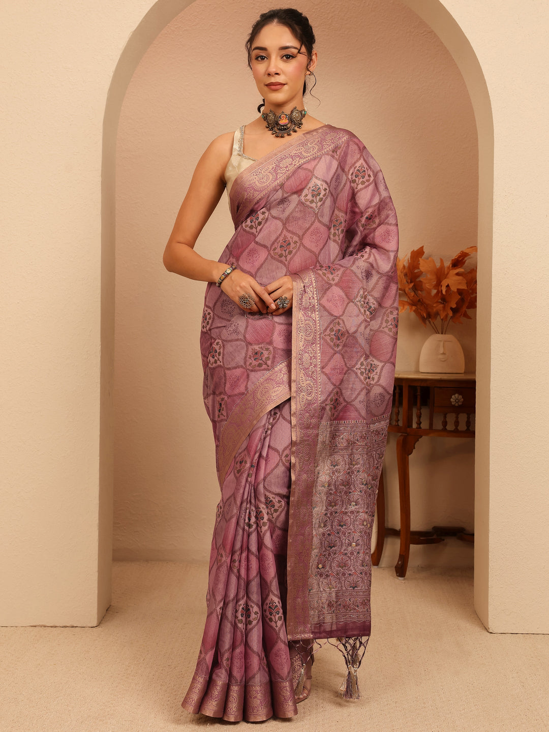 Libas Mauve Geometric Printed Silk Blend Saree