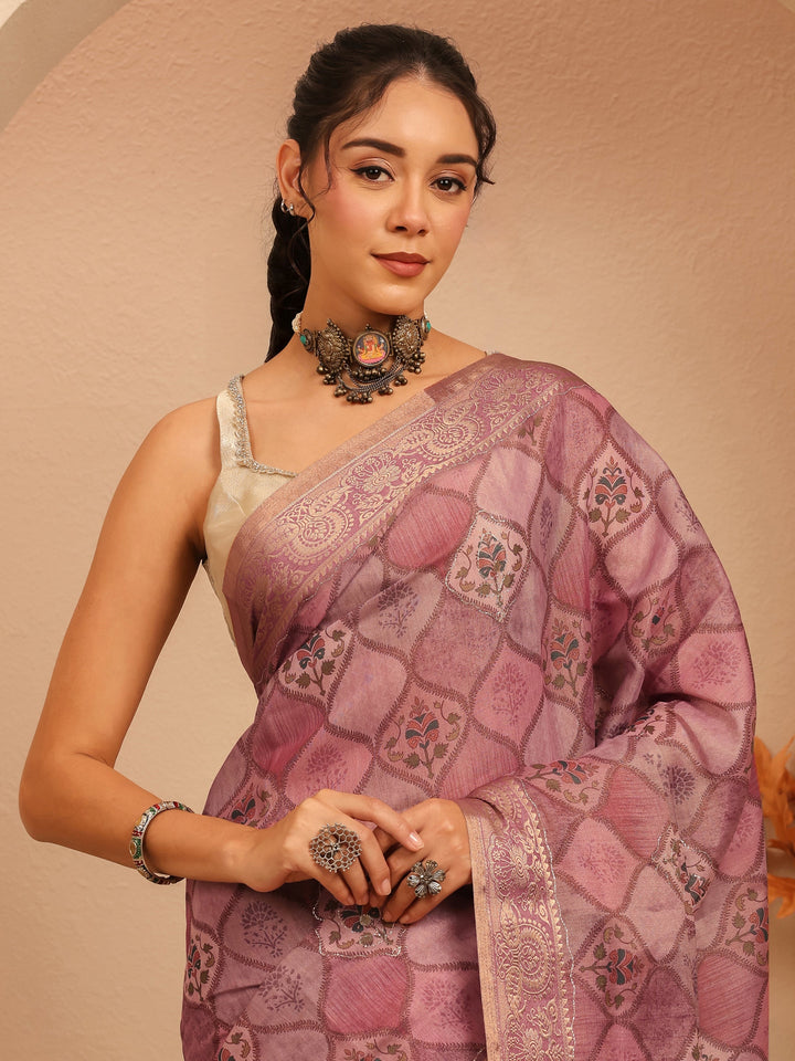 Libas Mauve Geometric Printed Silk Blend Saree