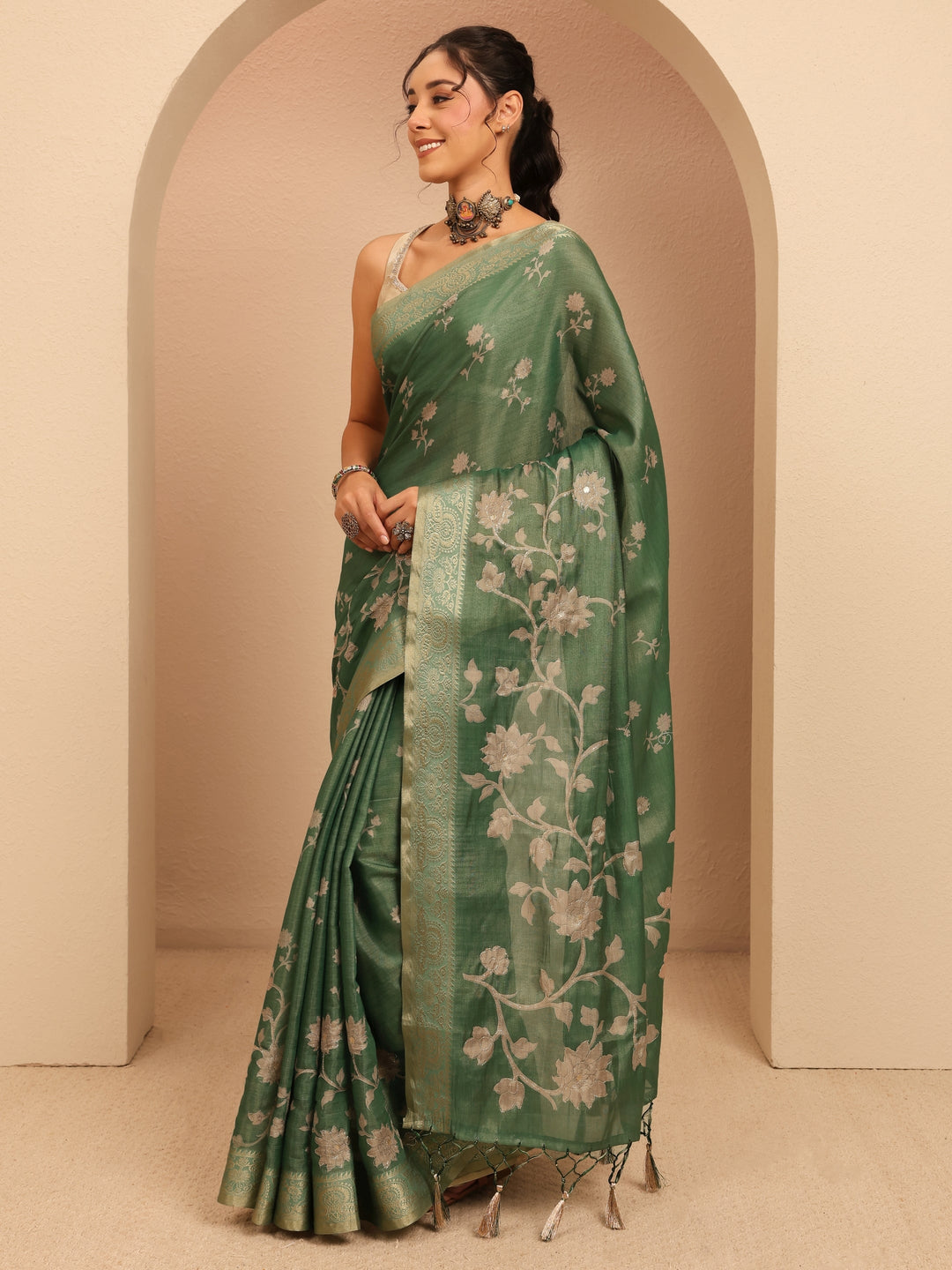 Libas Moss Green Floral Printed Silk Blend Saree