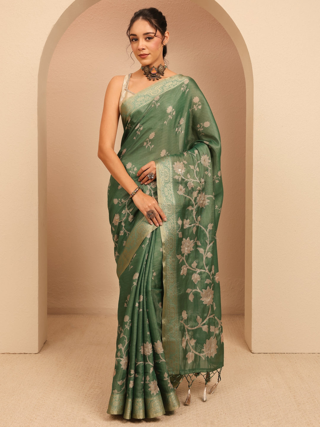 Libas Moss Green Floral Printed Silk Blend Saree