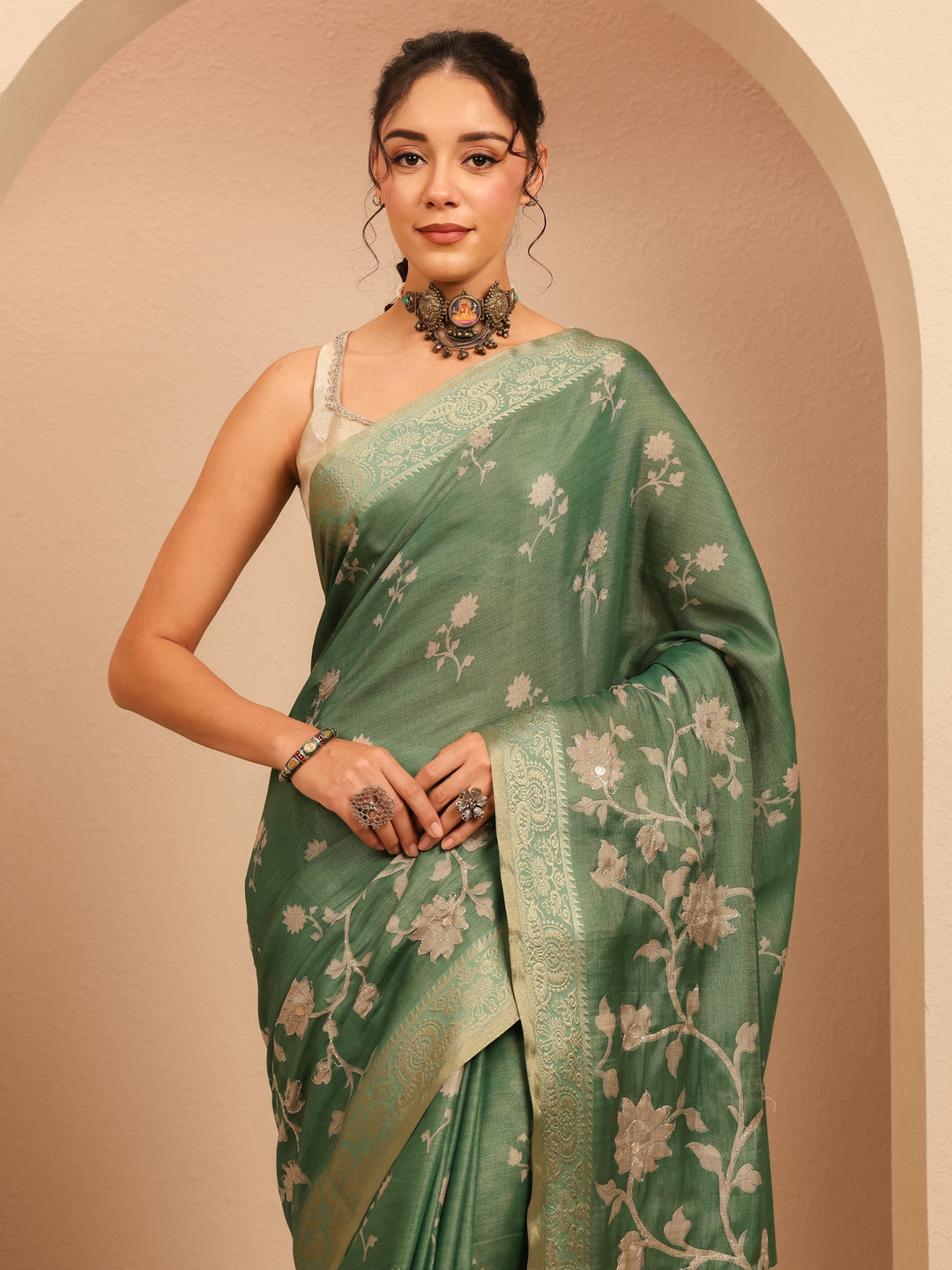 Libas Moss Green Floral Printed Silk Blend Saree
