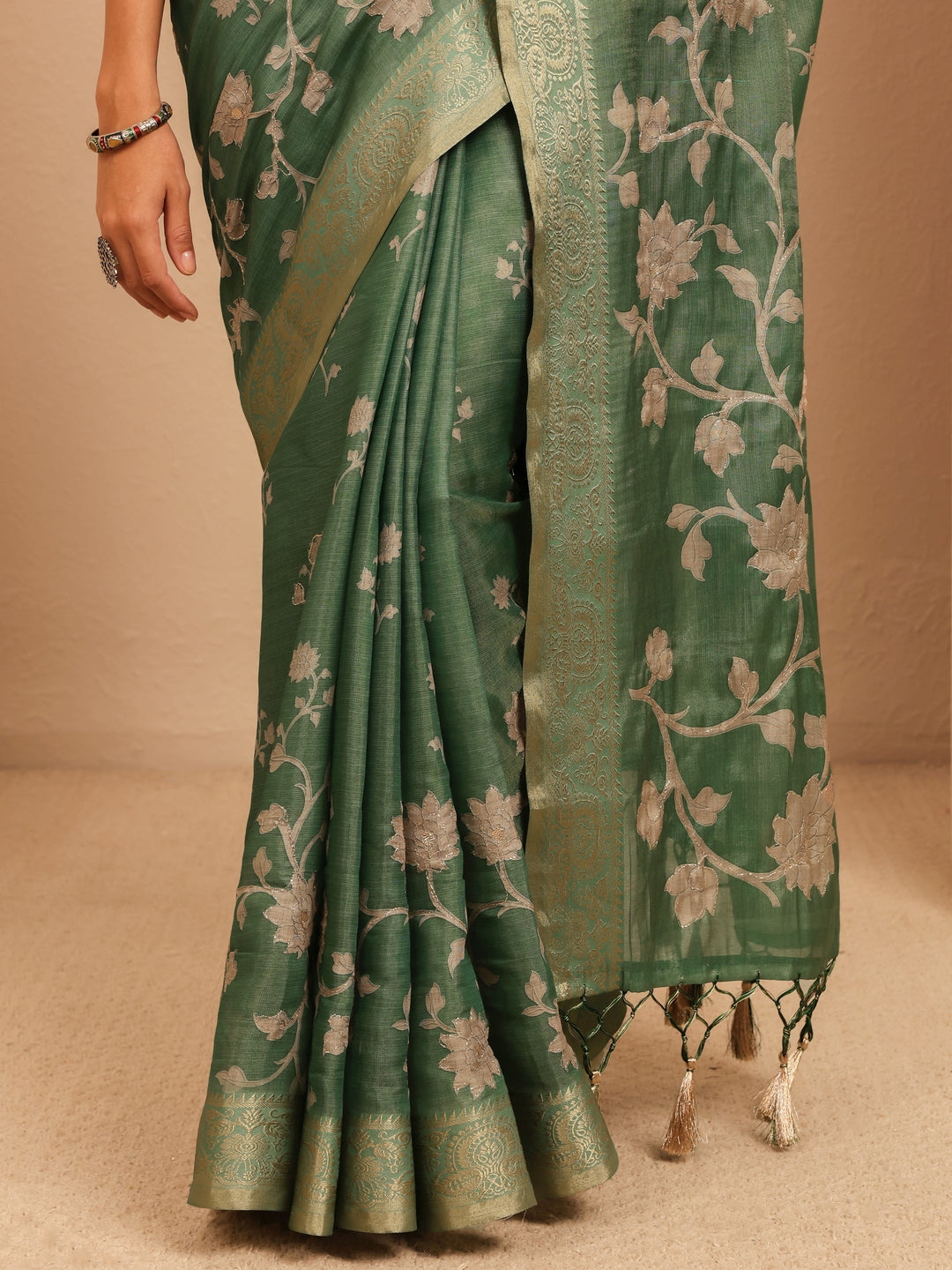 Libas Moss Green Floral Printed Silk Blend Saree