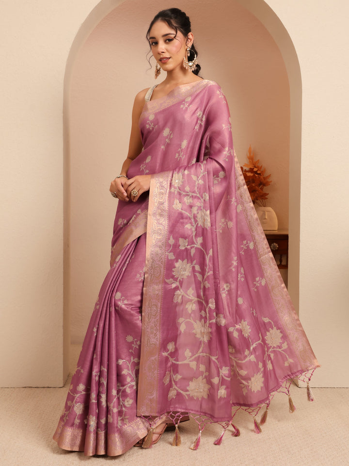 Libas Muted Pink Floral Printed Silk Blend Saree