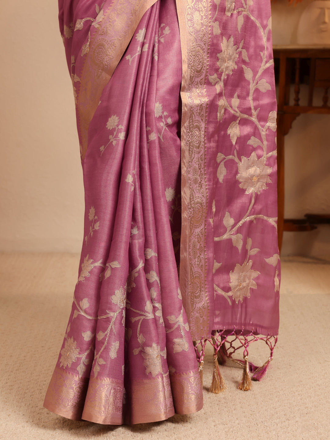 Libas Muted Pink Floral Printed Silk Blend Saree