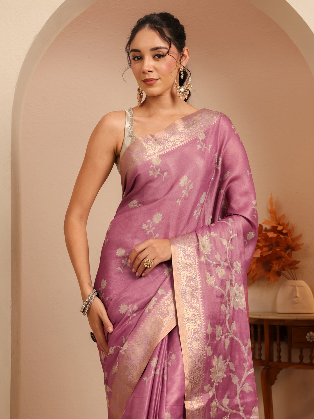 Libas Muted Pink Floral Printed Silk Blend Saree