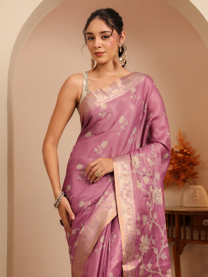 Libas Muted Pink Floral Printed Silk Blend Saree