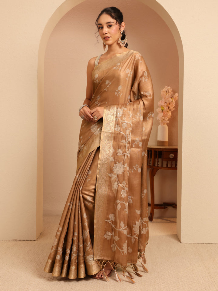 Libas Brown Floral Printed Silk Blend Saree