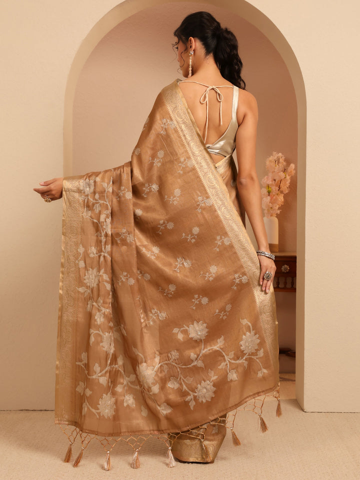 Libas Brown Floral Printed Silk Blend Saree
