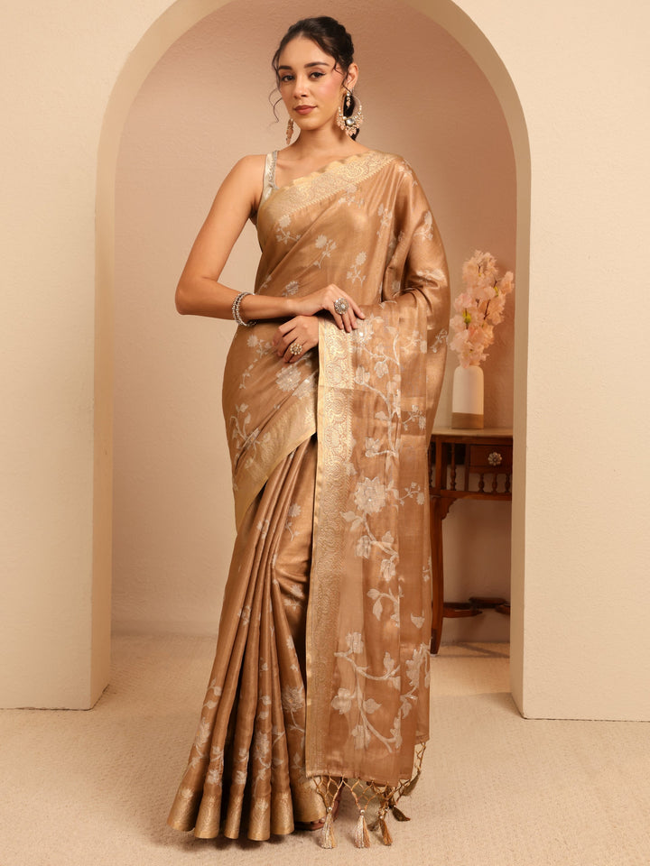 Libas Brown Floral Printed Silk Blend Saree