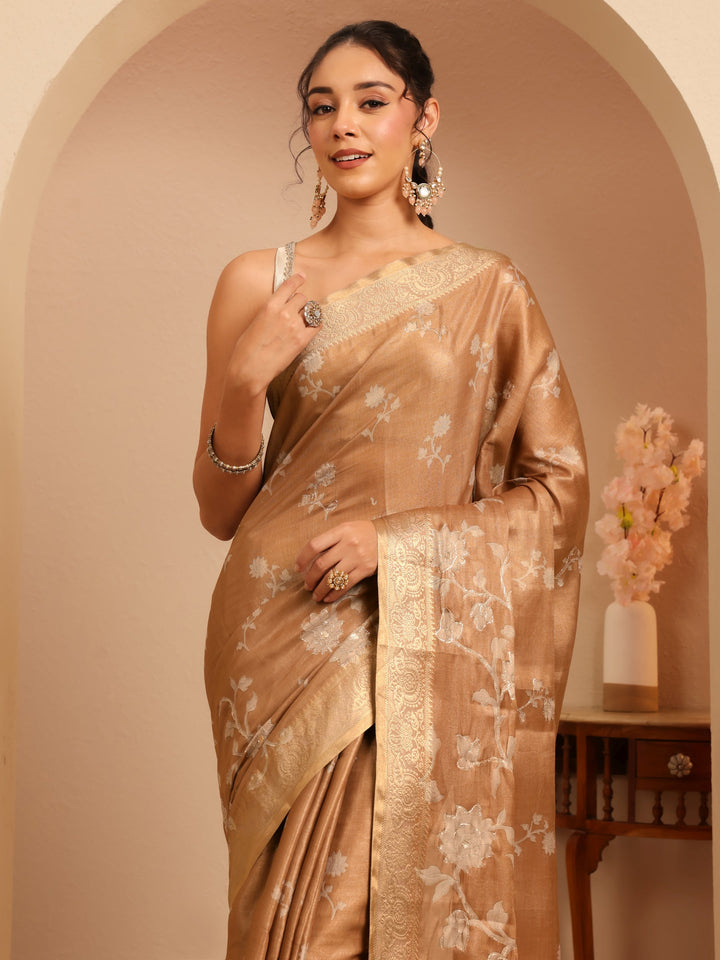 Libas Brown Floral Printed Silk Blend Saree