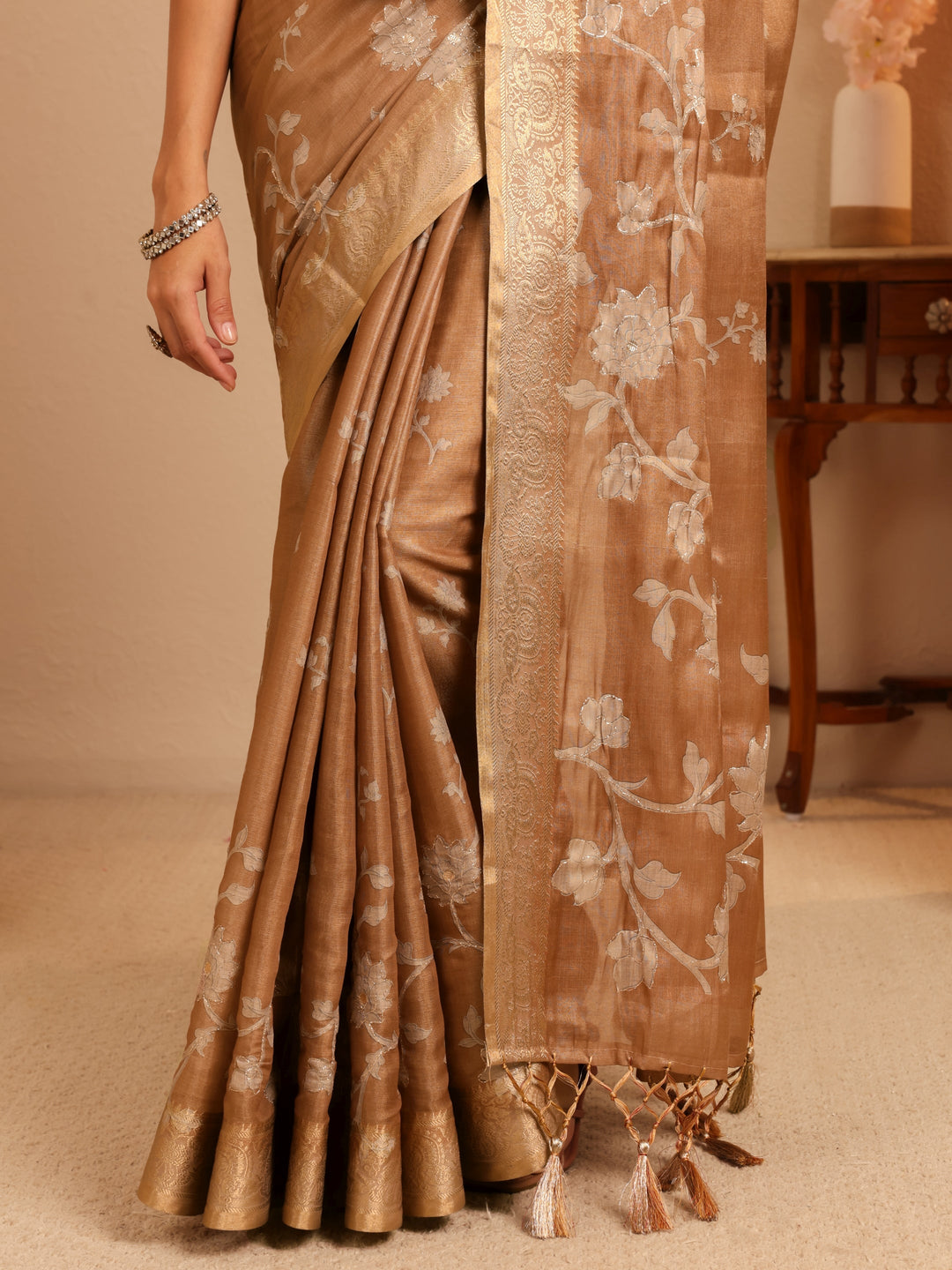 Libas Brown Floral Printed Silk Blend Saree
