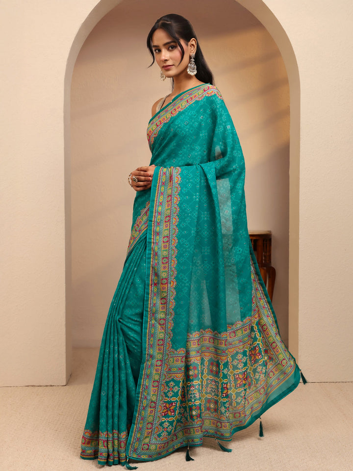Libas Aqua Blue Printed Silk Blend Saree