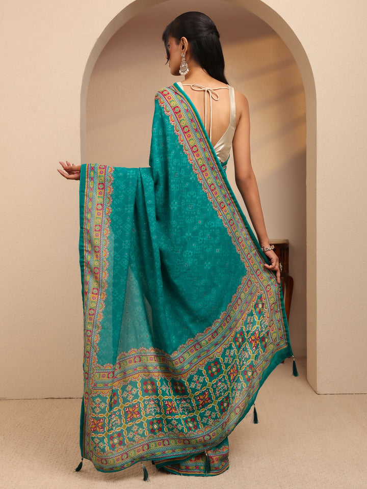 Libas Aqua Blue Printed Silk Blend Saree