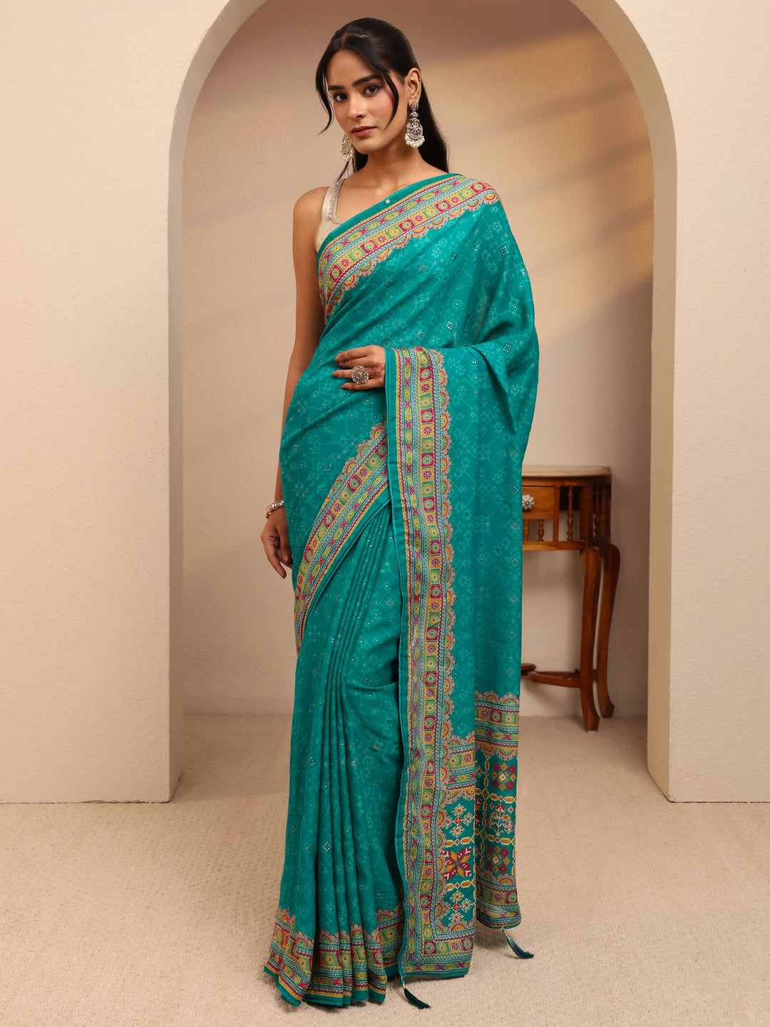Libas Aqua Blue Printed Silk Blend Saree