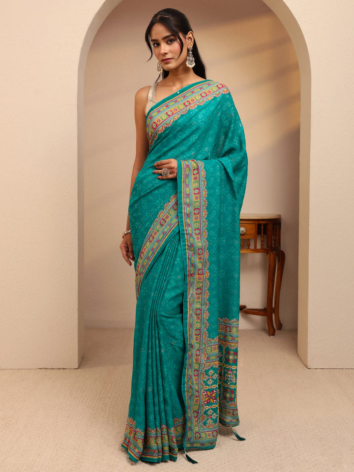 Libas Aqua Blue Printed Silk Blend Saree