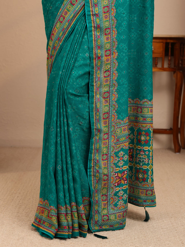 Libas Aqua Blue Printed Silk Blend Saree