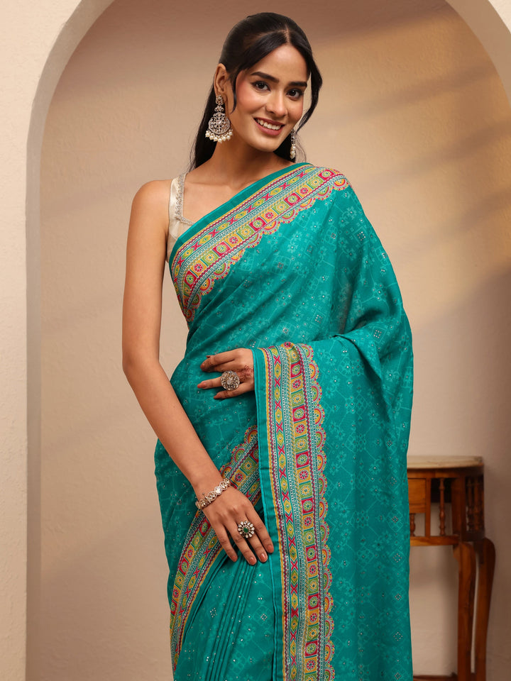 Libas Aqua Blue Printed Silk Blend Saree