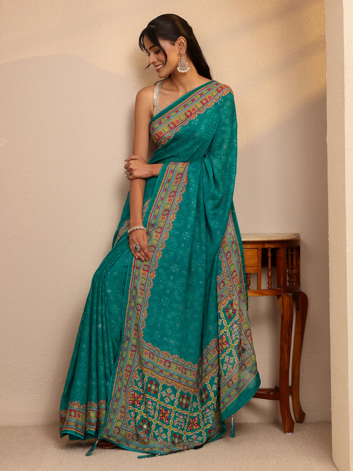 Libas Aqua Blue Printed Silk Blend Saree