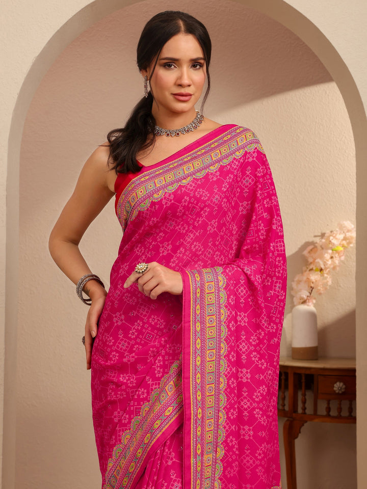 Libas Fuchsia Pink Printed Silk Blend Saree