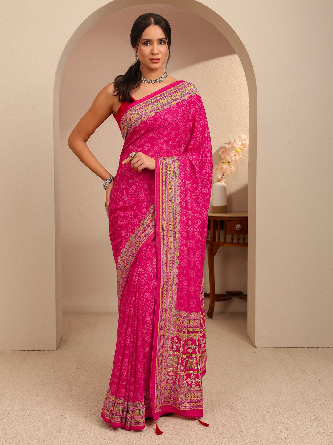Libas Fuchsia Pink Printed Silk Blend Saree