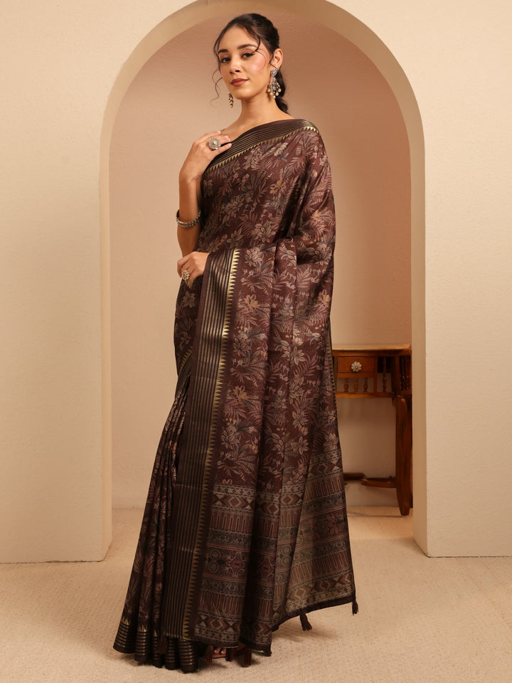 Libas Burgundy Floral Printed Silk Blend Saree