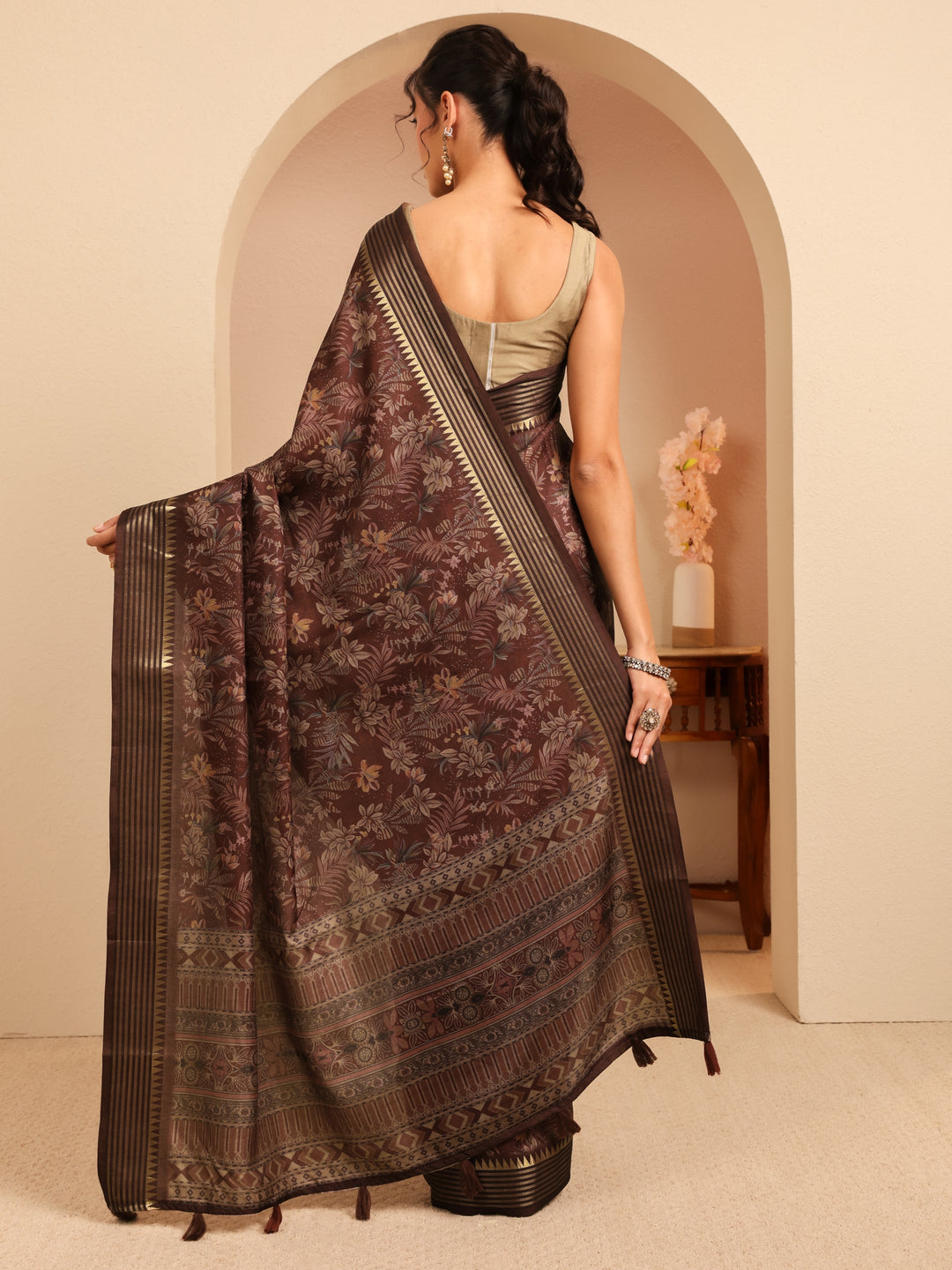 Libas Burgundy Floral Printed Silk Blend Saree