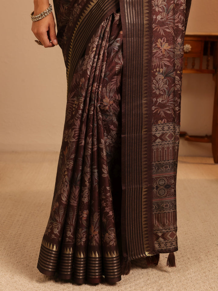 Libas Burgundy Floral Printed Silk Blend Saree