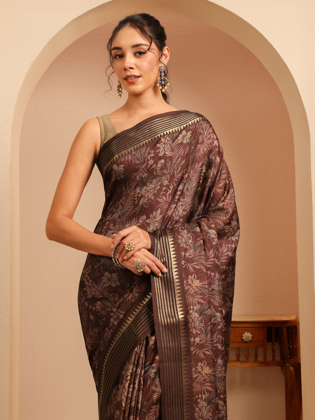 Libas Burgundy Floral Printed Silk Blend Saree