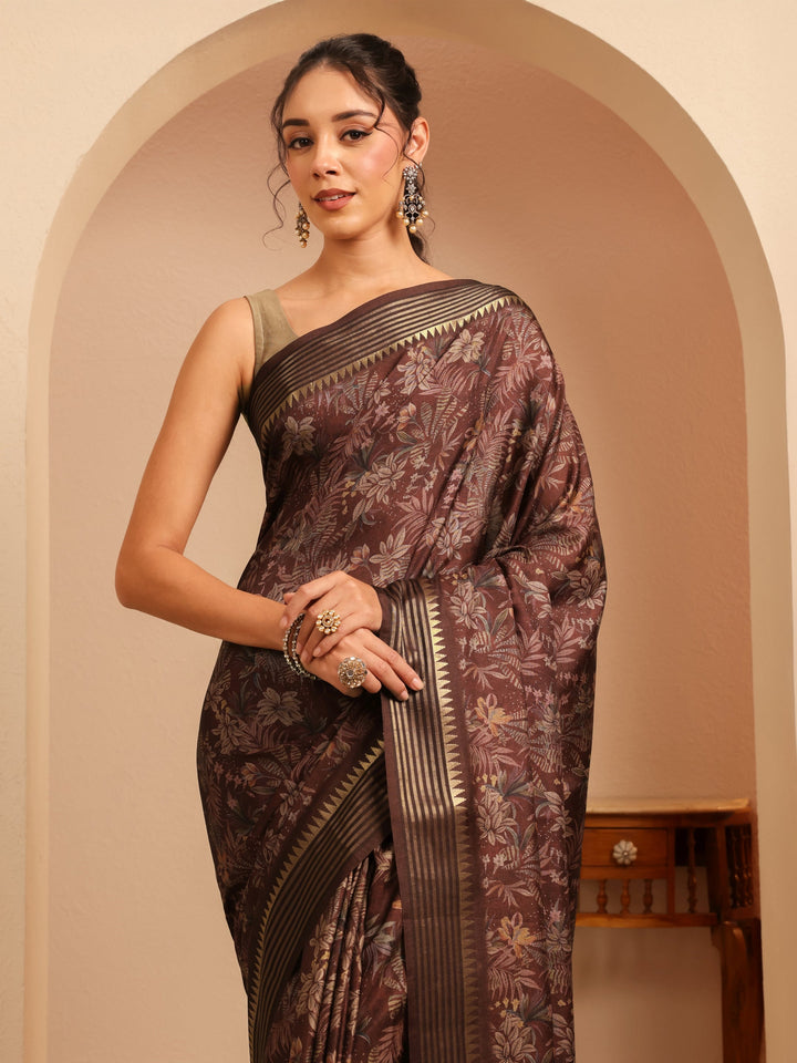 Libas Burgundy Floral Printed Silk Blend Saree