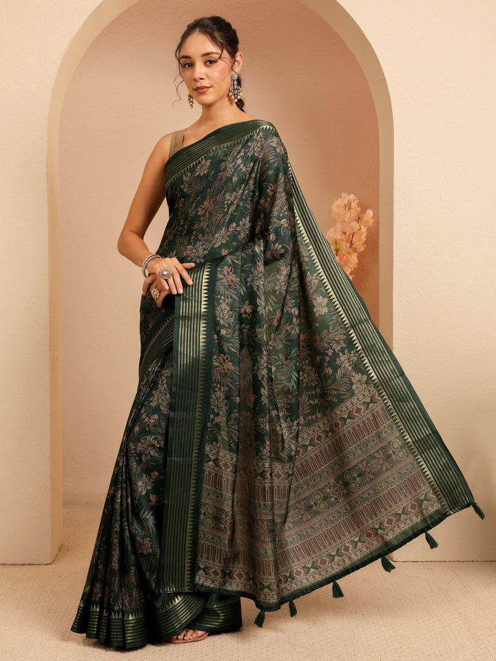 Libas Forest Green Floral Printed Silk Blend Saree