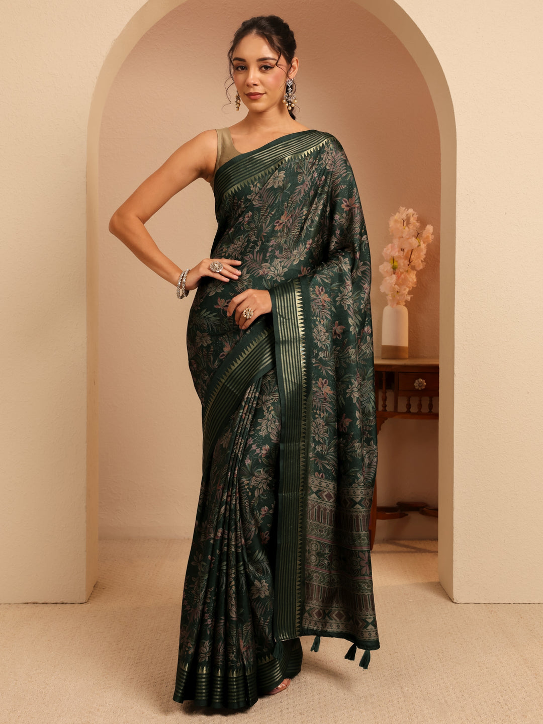 Libas Forest Green Floral Printed Silk Blend Saree