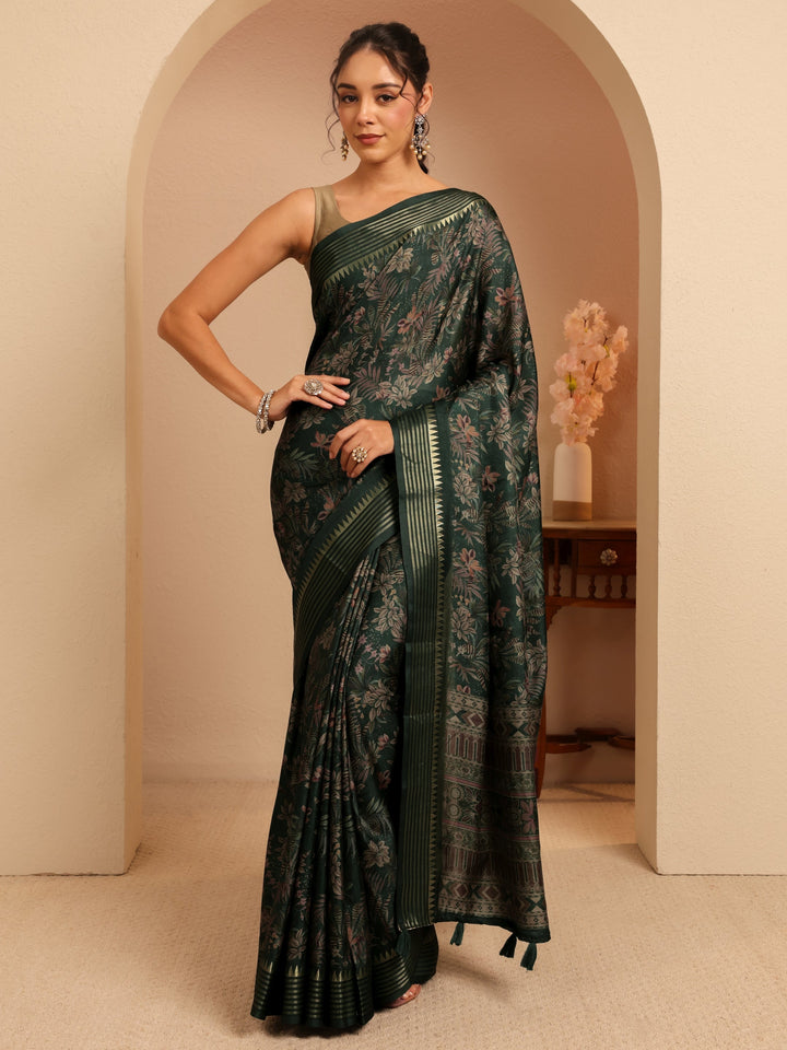 Libas Forest Green Floral Printed Silk Blend Saree