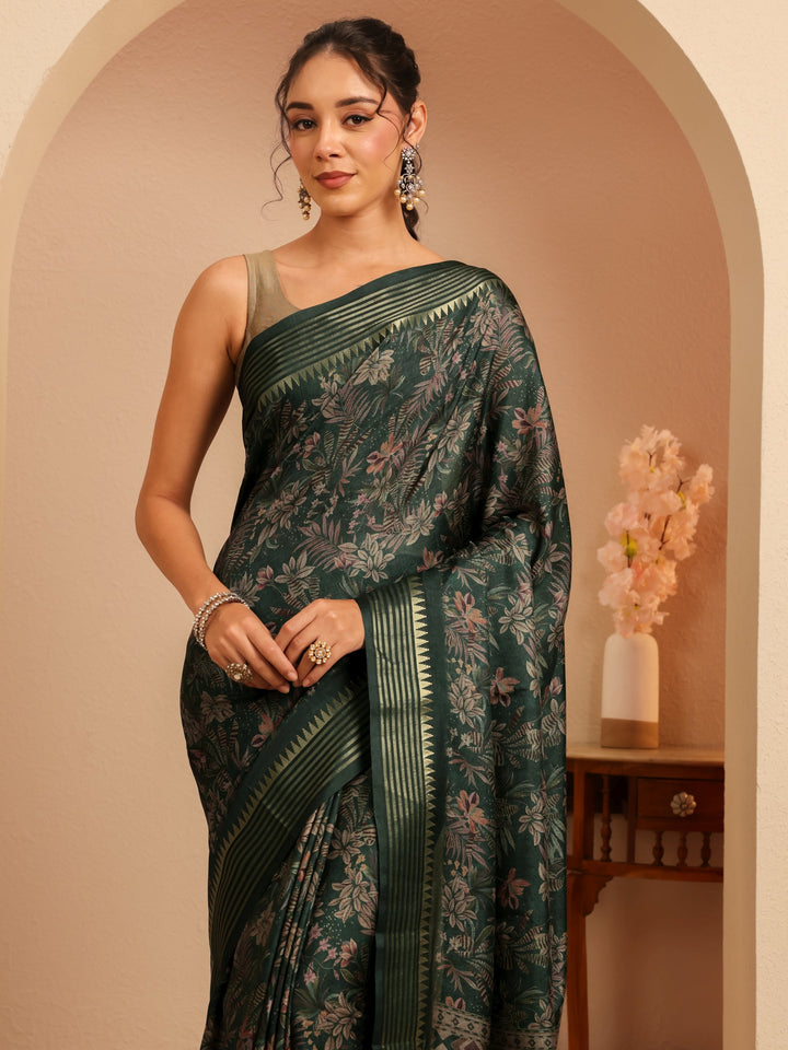 Libas Forest Green Floral Printed Silk Blend Saree