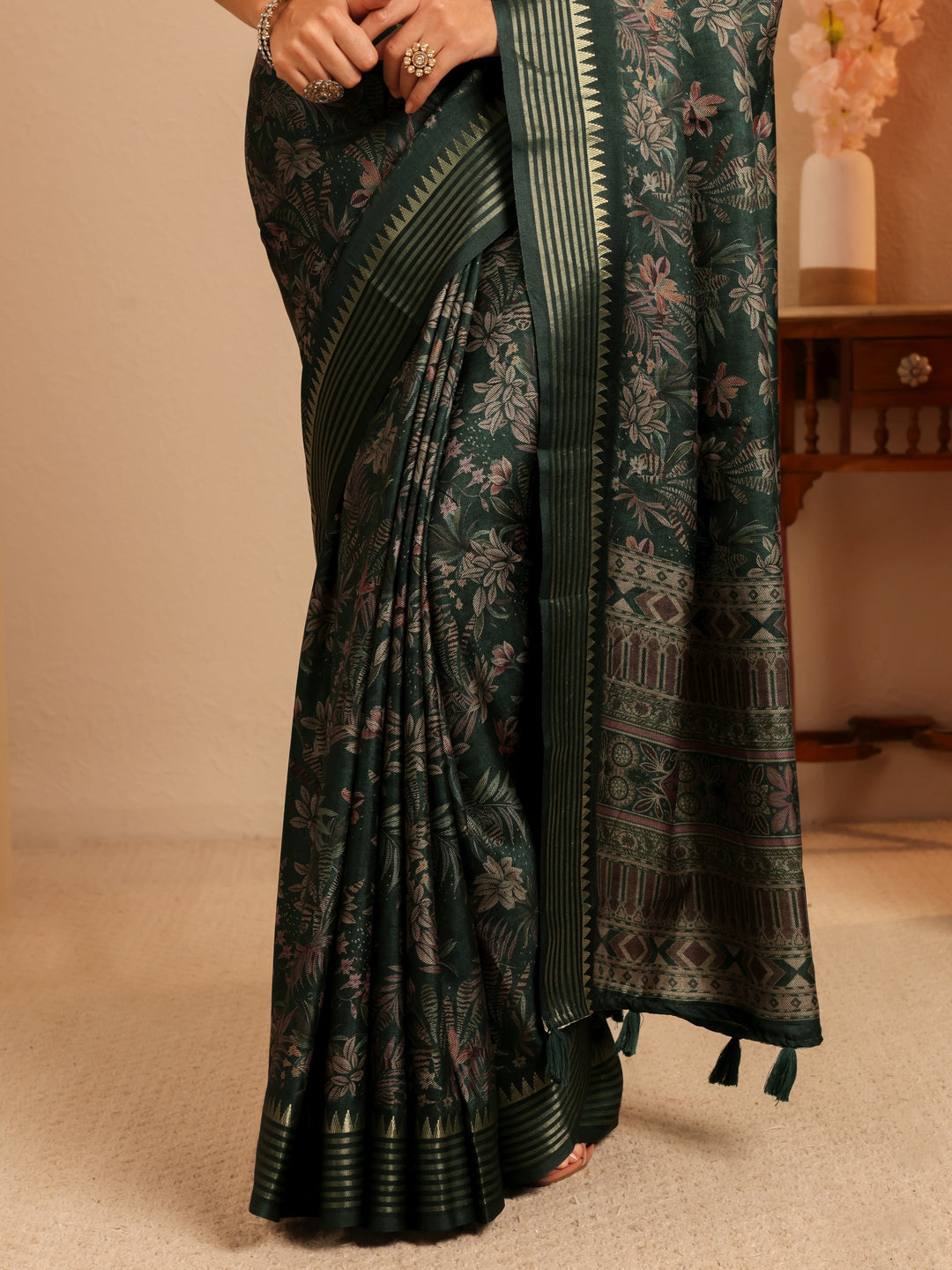 Libas Forest Green Floral Printed Silk Blend Saree