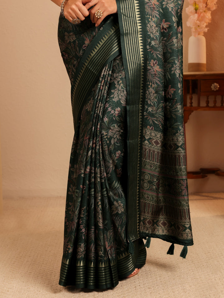 Libas Forest Green Floral Printed Silk Blend Saree
