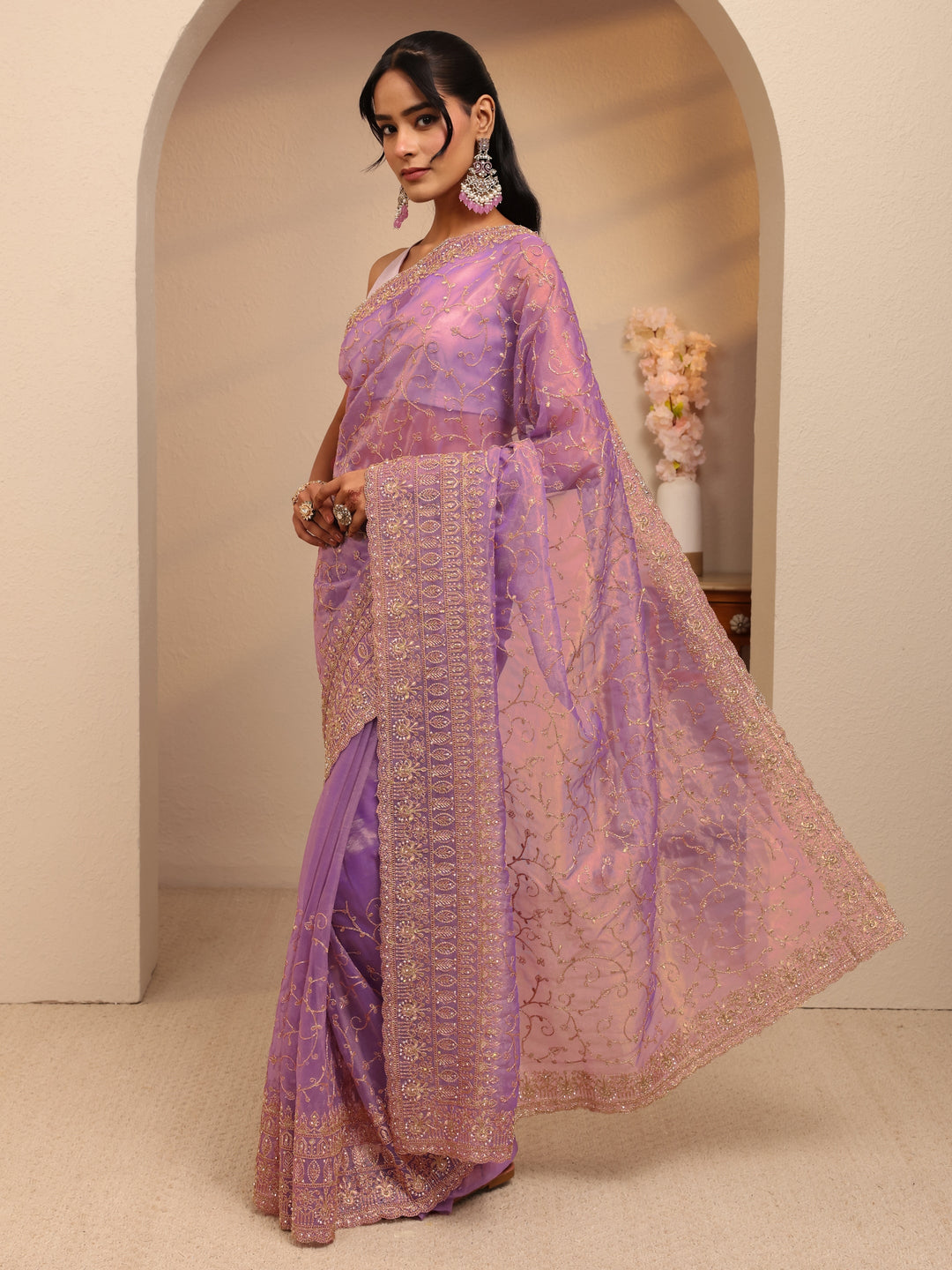 Libas Purple Floral Embroidered Net Saree