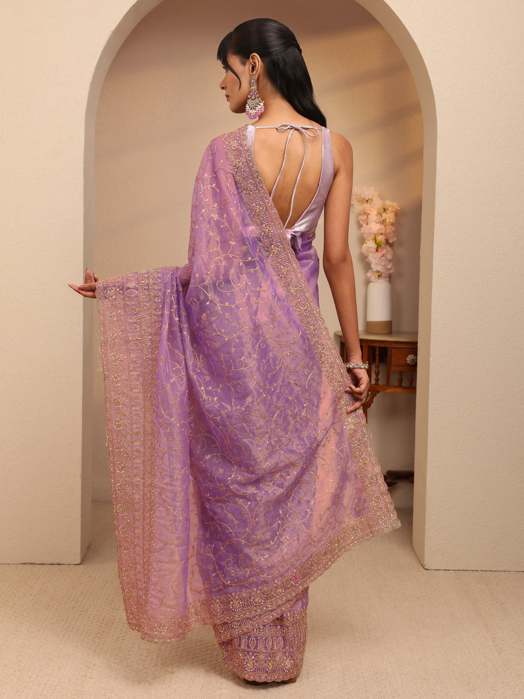 Libas Purple Floral Embroidered Net Saree