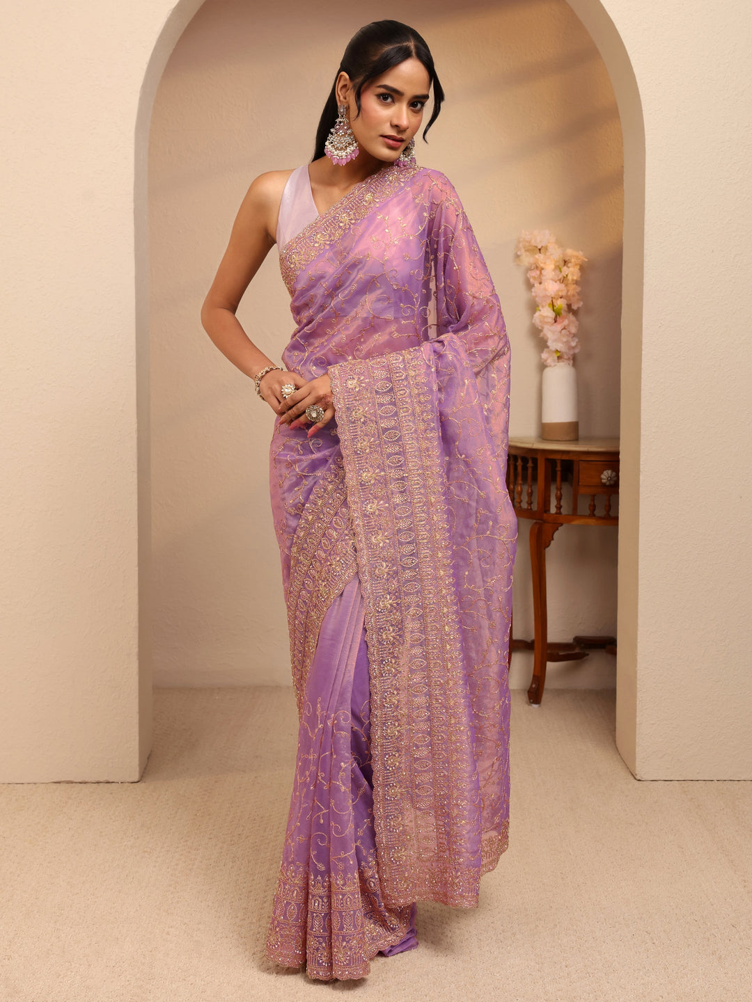 Libas Purple Floral Embroidered Net Saree